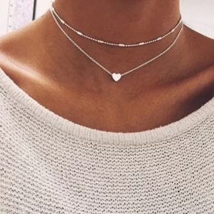 Double layer silver color heart choker necklace